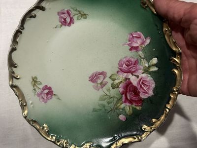 Germany Saxe Altenburg 8" PLATE Pink Rose on Green & Gold Rim Vintage /Antique