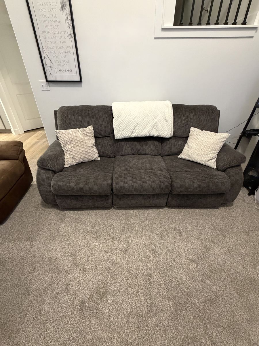 Two gray recliner couches (couches only )