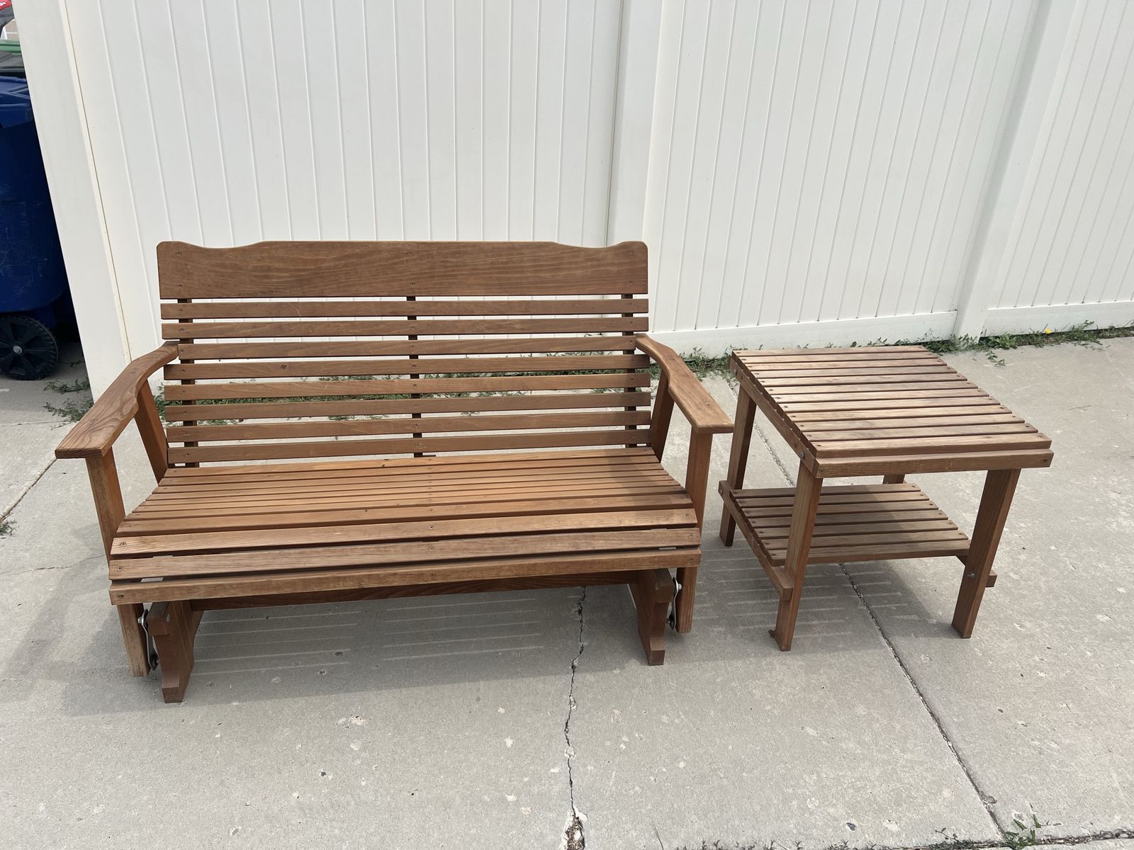 Wooden Outdoor Glider Bench and Matching Side Table with Cushion