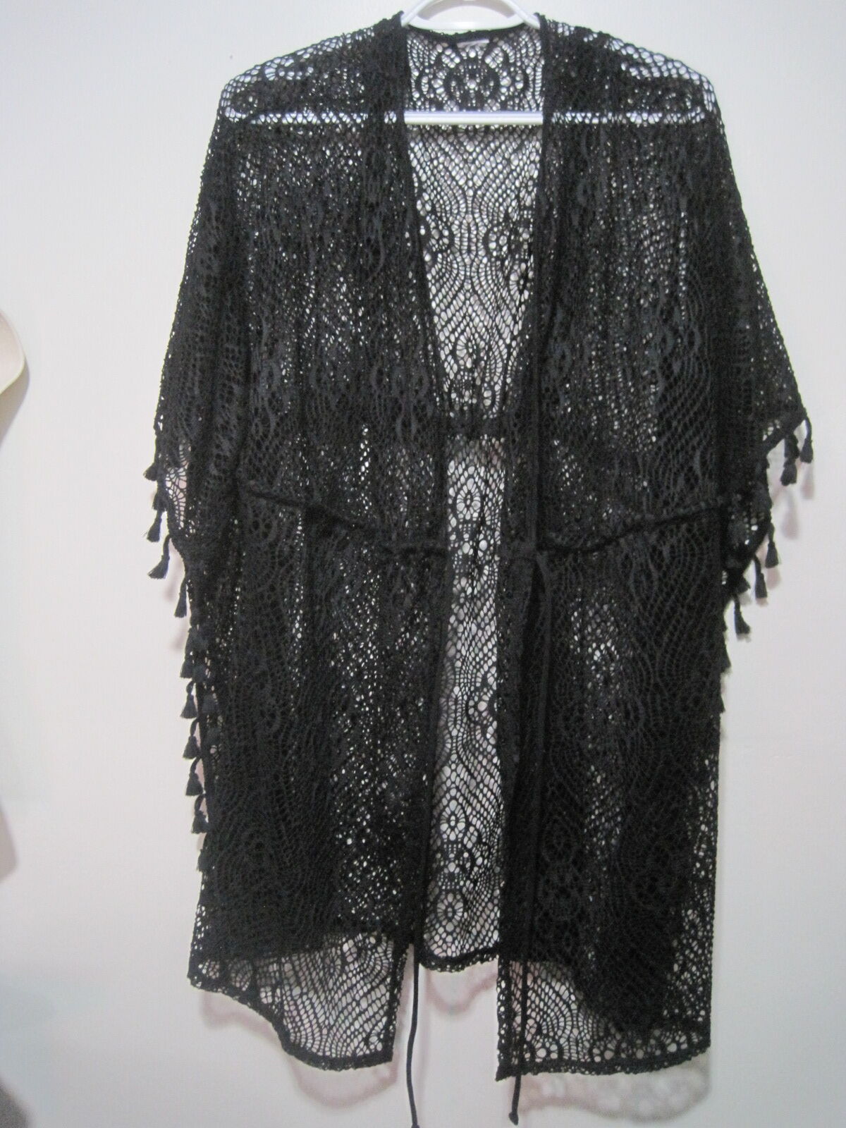 Time & Tru Black Crochet Lace Kimono Cardigan Cover Up Tassel Trim Womens Large