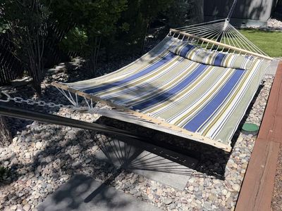 Large Stripe Hammock with Stand and Pillow - Like New
