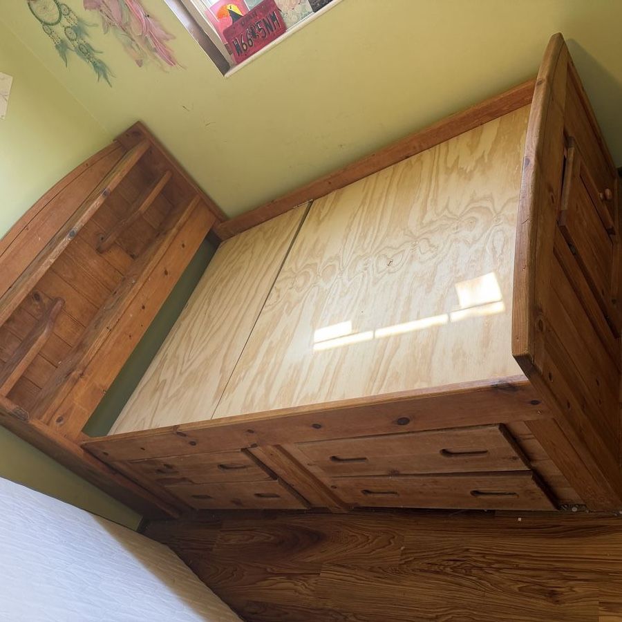 Wooden Captain's Bed Frame - Twin Size with Storage Drawers and Headboard