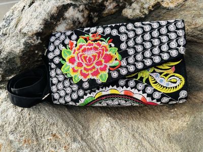 Embroidered Lotus Dragon Purse | Black Floral Shoulder Bag