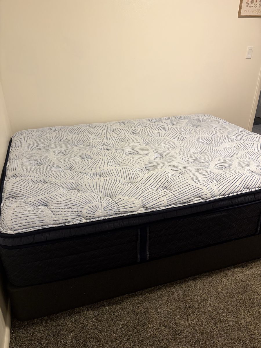 Queen Size Mattress and Box Spring Set - White/Blue Pattern, Good Condition