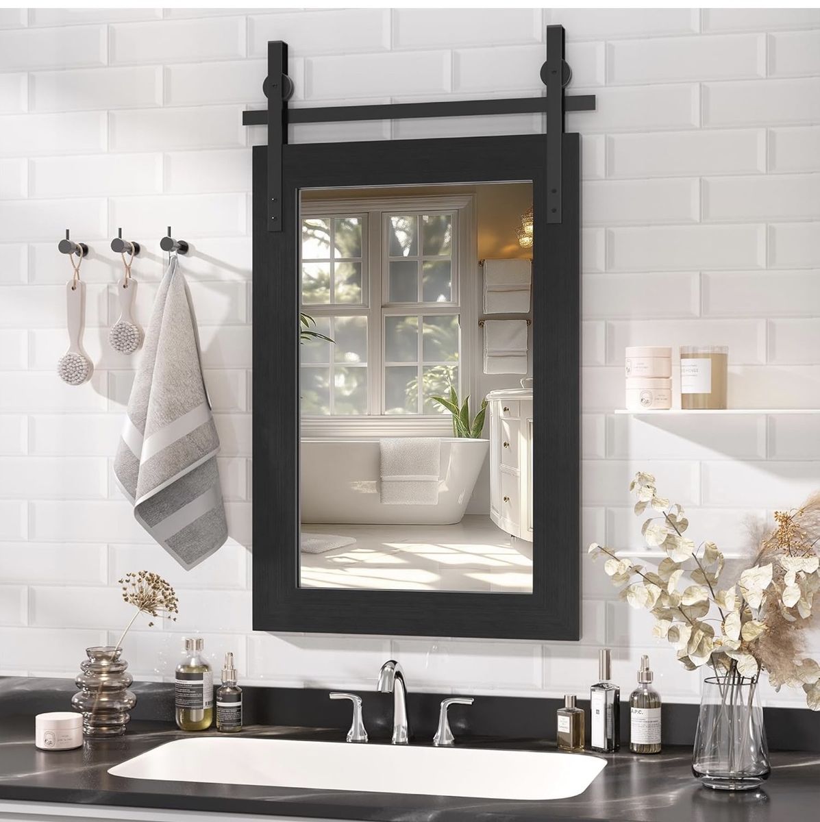 Farmhouse Black Vintage Wall Mounted Mirror, 18"x26"