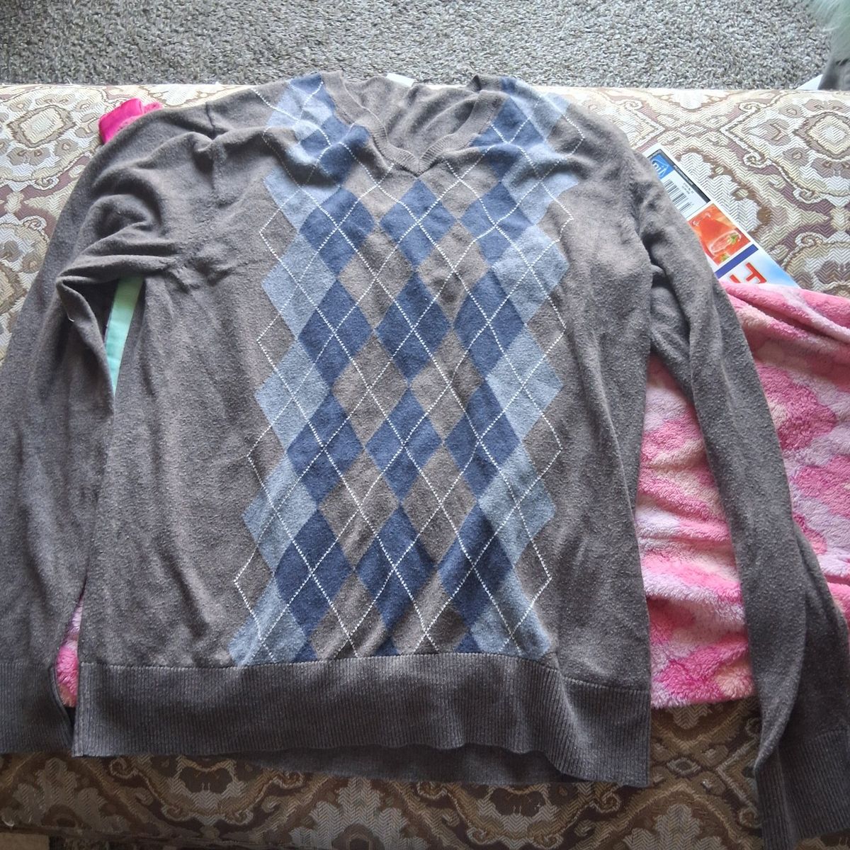 GAP Argyle V-Neck Sweater - Brown & Blue - Size Small