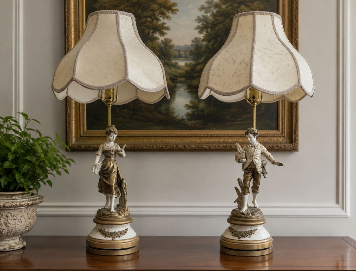 Vintage Pair Émile Bruchon Porcelain Figurine Table Lamps with Scalloped Shades