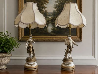 Vintage Pair Émile Bruchon Porcelain Figurine Table Lamps with Scalloped Shades
