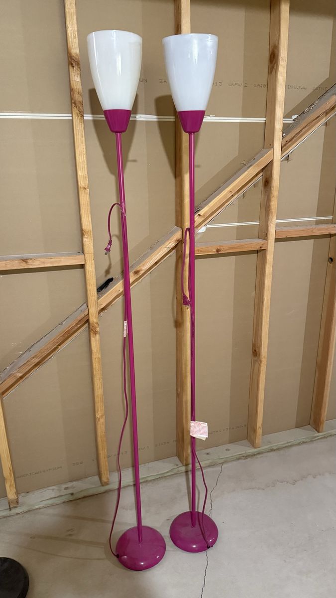 Set of 2 Magenta Pink Floor Lamps with White Glass Shades
