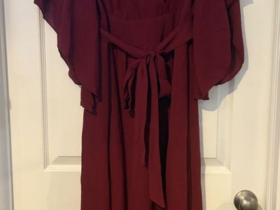 V-Neck Ruffle Sleeve Wrap Maxi Dress Set - Red/Burgundy & Green - 2XL