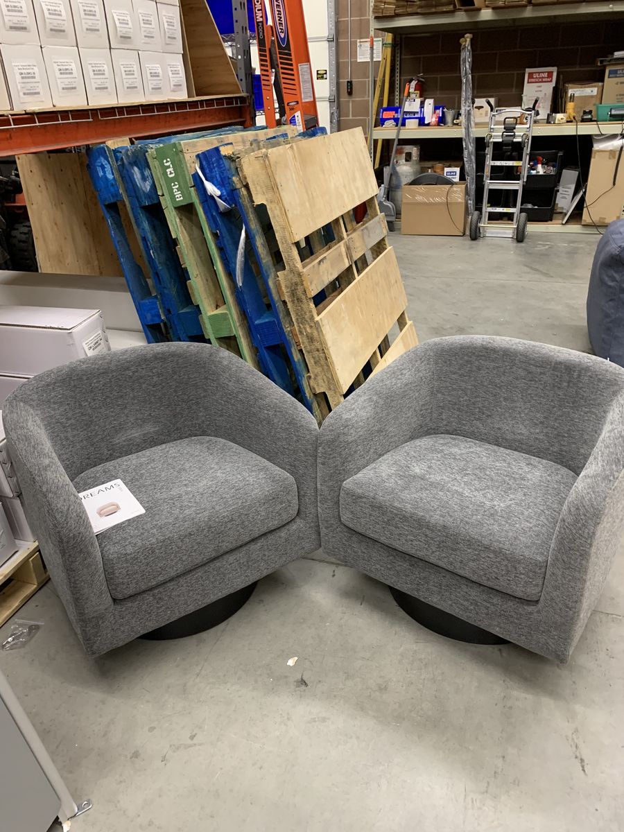 Uixe Modern Gray Chenille Upholstered 360°Swivel Accent Arm Barrel Chair With Wood Base(Set of 2)