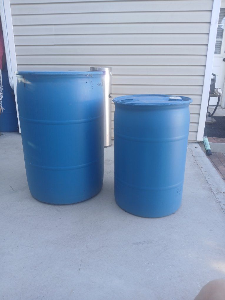 Blue Plastic Barrels -  55-Gal and 35 gallons