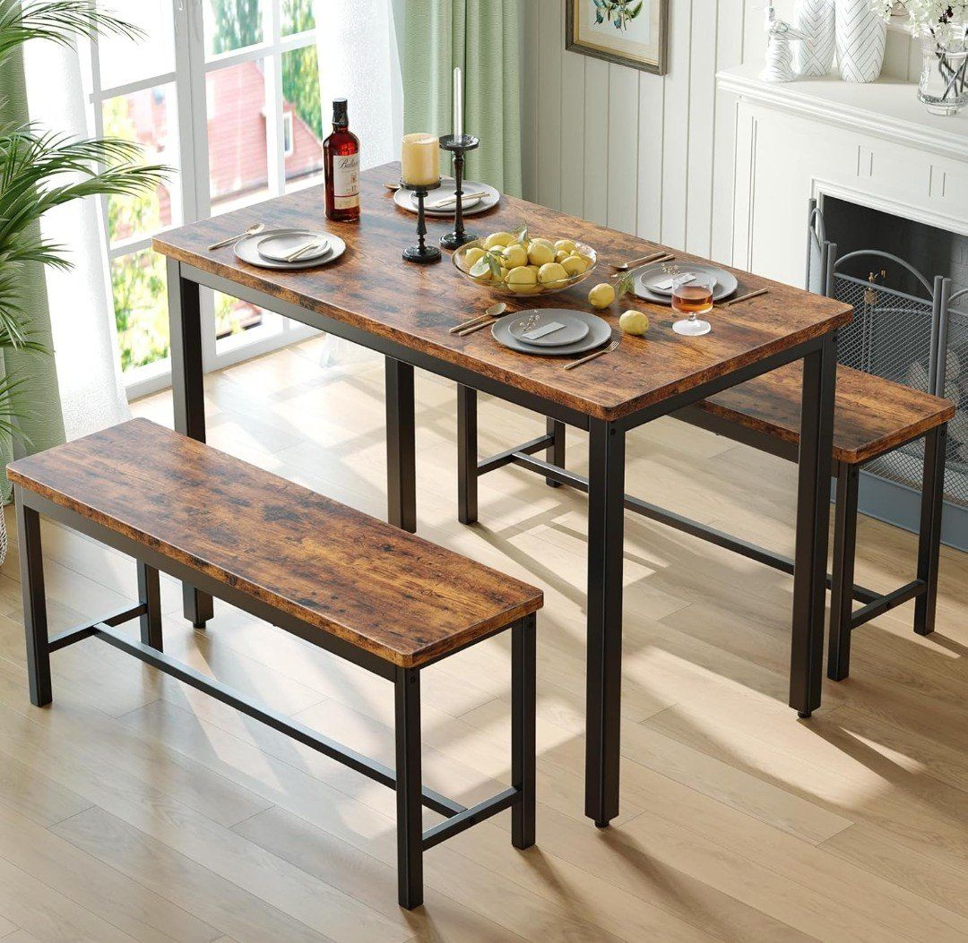 Industrial Wood & Metal Dining Table Set with 2 Benches - Space-Saving Design