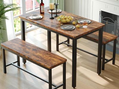 Industrial Wood & Metal Dining Table Set with 2 Benches - Space-Saving Design