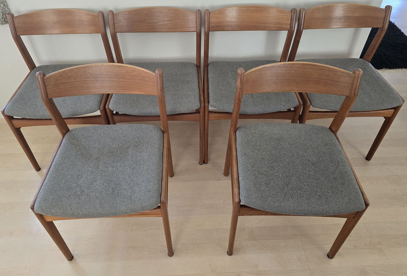 Set of six authentic Danish Modern teak dining chairs, made in Denmark circa 1960s
