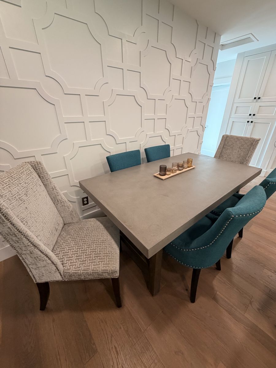 Modern Cement Top Dining Table Set with 6 Upholstered Chairs (Teal & Gray)