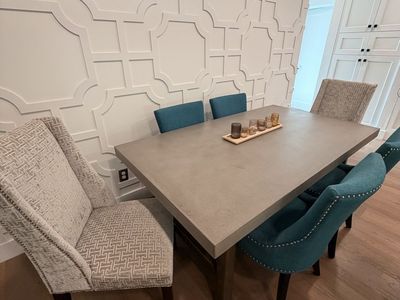 Modern Cement Top Dining Table Set with 6 Upholstered Chairs (Teal & Gray)