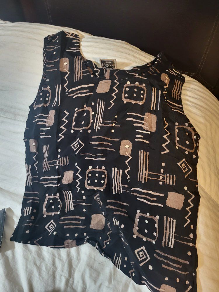 Vintage Black & Tan Abstract Print Sleeveless Blouse - Women's Large, 100% Polyester, New without tags