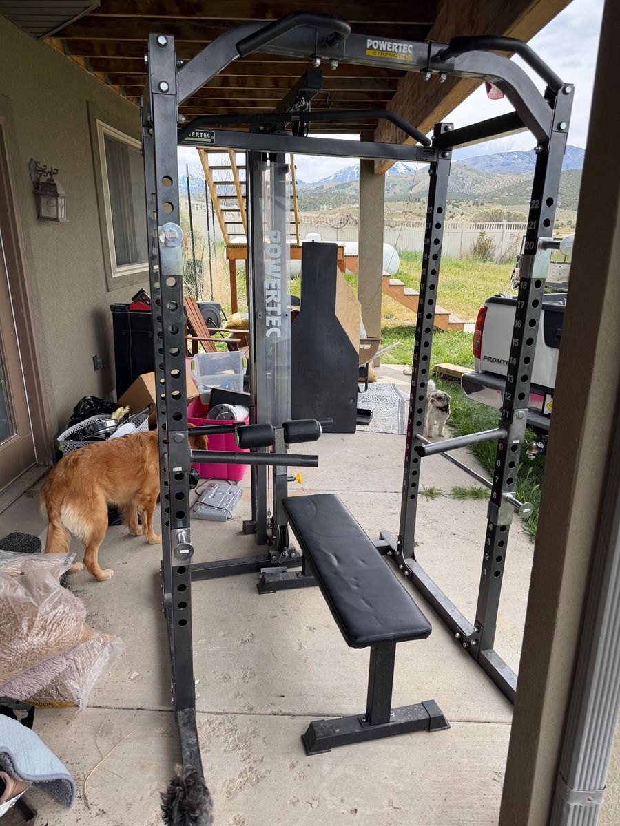 Powertec squat / power rack. has dip bars, pullup bars, top and bottom pulley for plates
