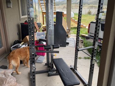 Powertec squat / power rack. has dip bars, pullup bars, top and bottom pulley for plates