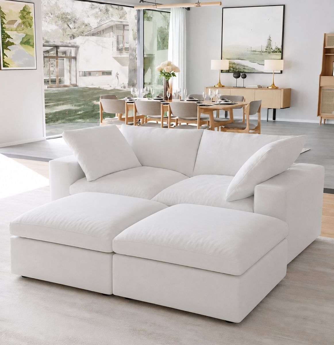 4 pc white cloud couch with 2 lift up storage ottomans