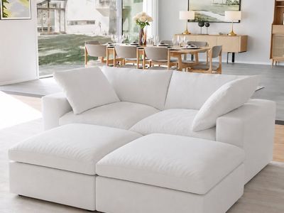 4 pc white cloud couch with 2 lift up storage ottomans