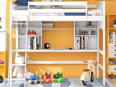 White Wood Twin Loft Bed with Desk and Bookcases - Space Saving Design for Kids/Teens