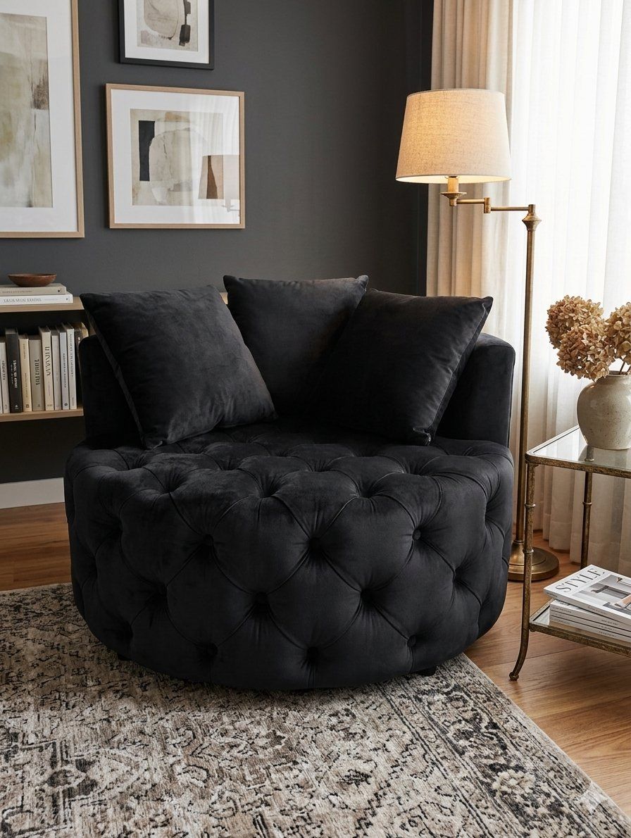Luxurious Black Velvet Tufted Round Swivel Accent Chair/Loveseat with Pillows