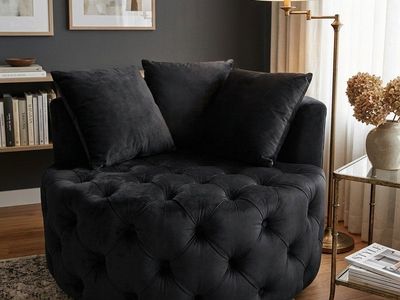 Luxurious Black Velvet Tufted Round Swivel Accent Chair/Loveseat with Pillows