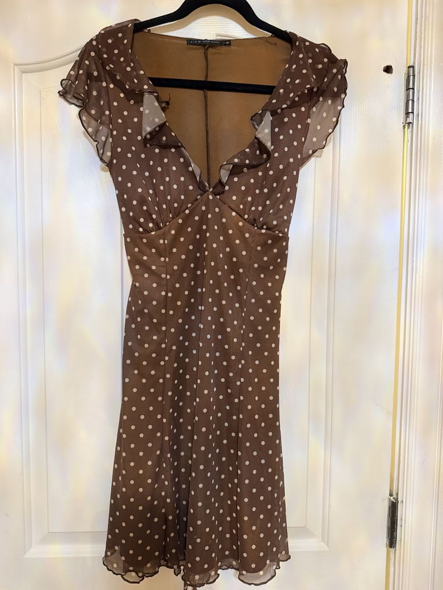 H+H by Heart Hips Brown Polka Dot Mesh Ruffle Dress Size L