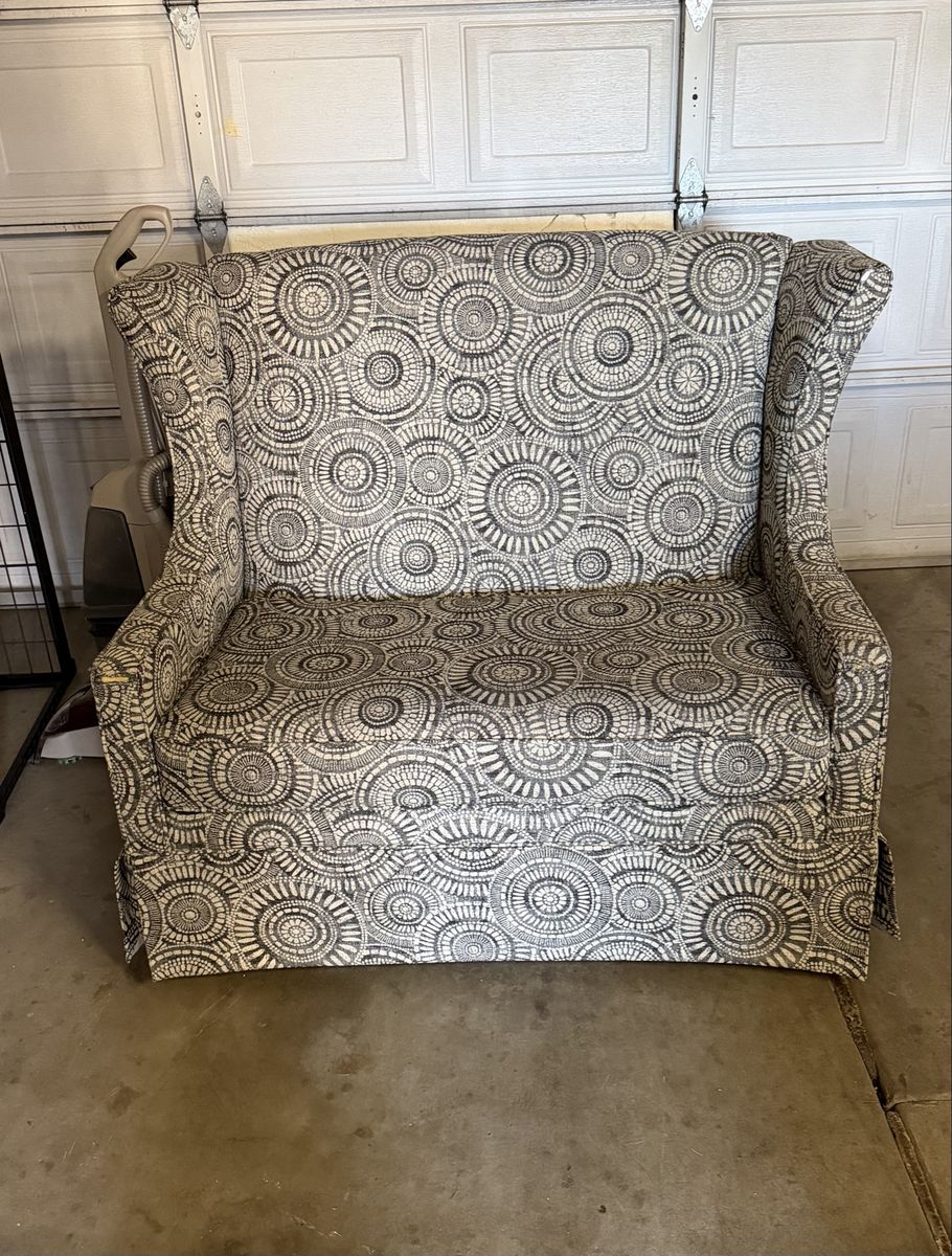 Wingback Loveseat Sofa - Gray & White Geometric Pattern