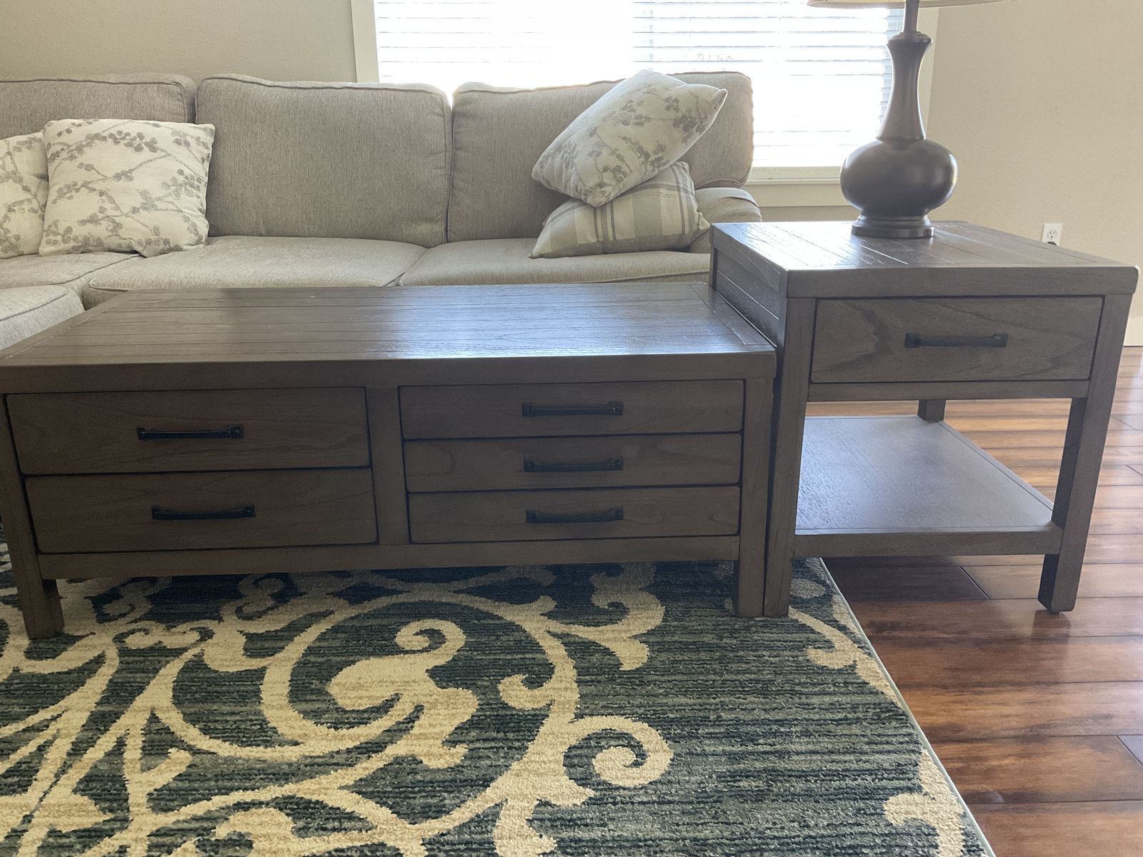 Wooden Coffee Table & 2x End Table Set - Gray Wash, 7 Drawers Total, Modern Farmhouse Style