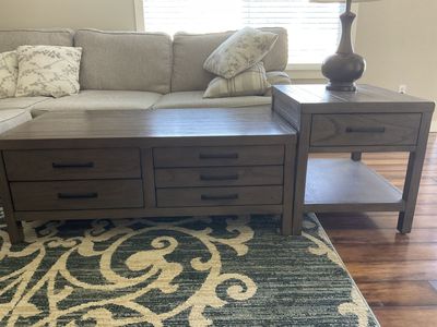 Wooden Coffee Table & 2x End Table Set - Gray Wash, 7 Drawers Total, Modern Farmhouse Style