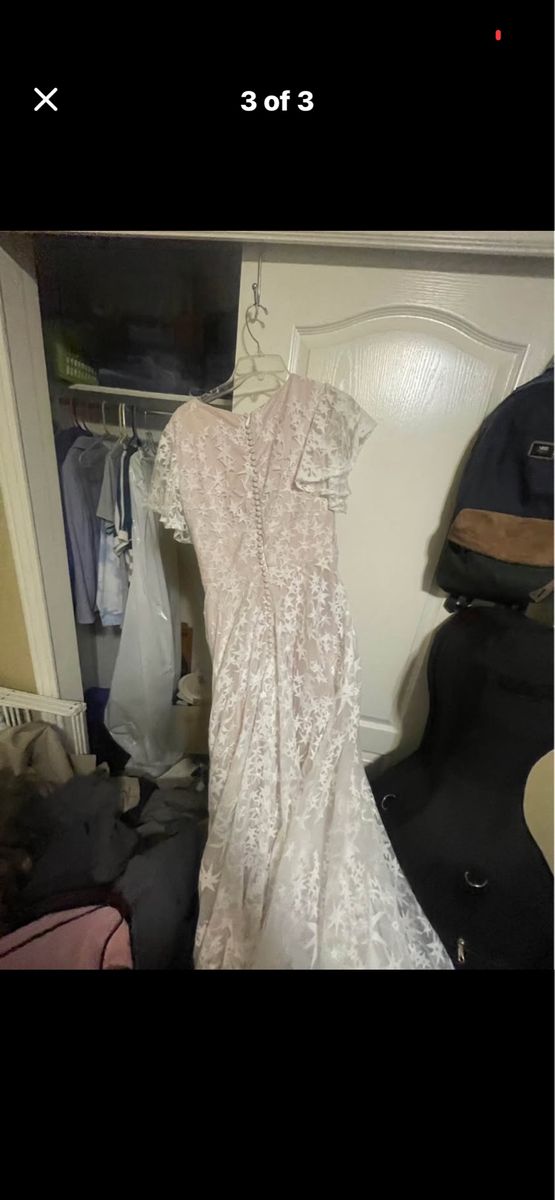 Elegant Blush & White Lace Star Wedding Dress, Cap Sleeve, Button Back, Floor Length Gown