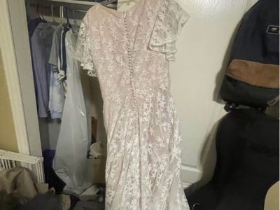 Elegant Blush & White Lace Star Wedding Dress, Cap Sleeve, Button Back, Floor Length Gown