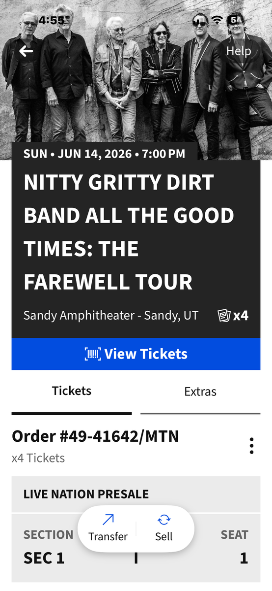 Nitty Gritty Dirt Band All the Good Times: The Farewell Tour 6/14- Sandy City Amphitheatre 4 Tickets Sec 1 Row 1