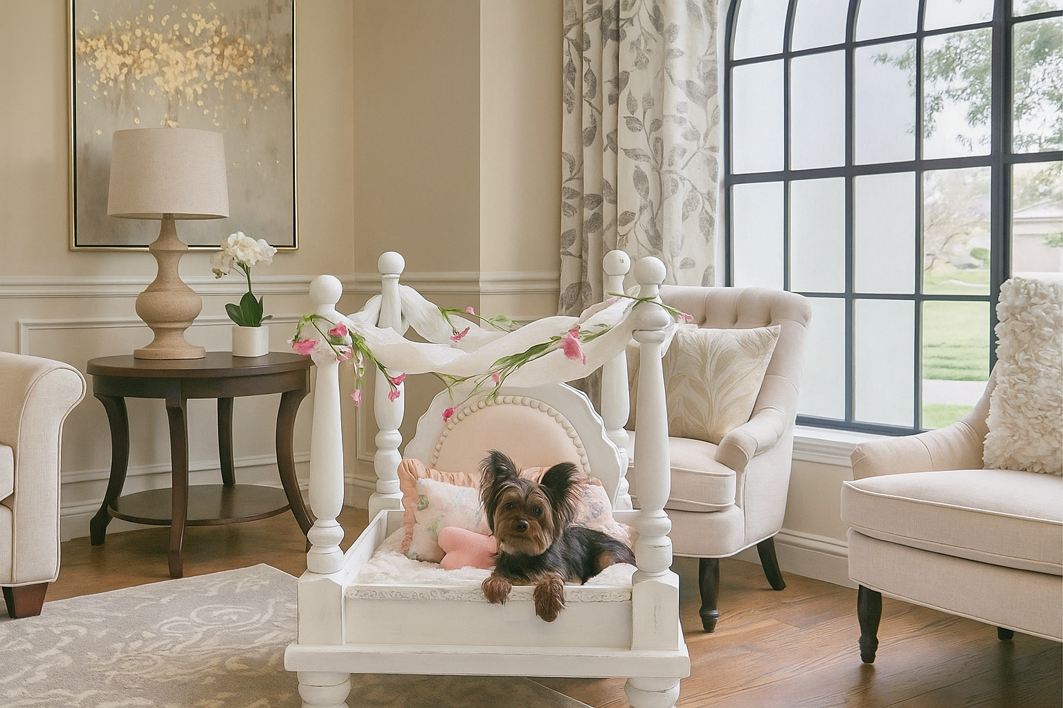 Vintage Cottagecore Pet Dog Cat Baby Portraits Bed Four Poster Shabby Chic Farmhouse French Country