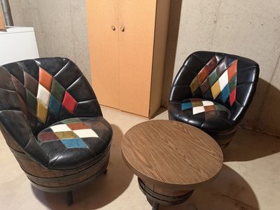 7 piece Vintage Barrel Furniture Set - Tufted Barrel Chairs with Patchwork Leather & Matching Tables