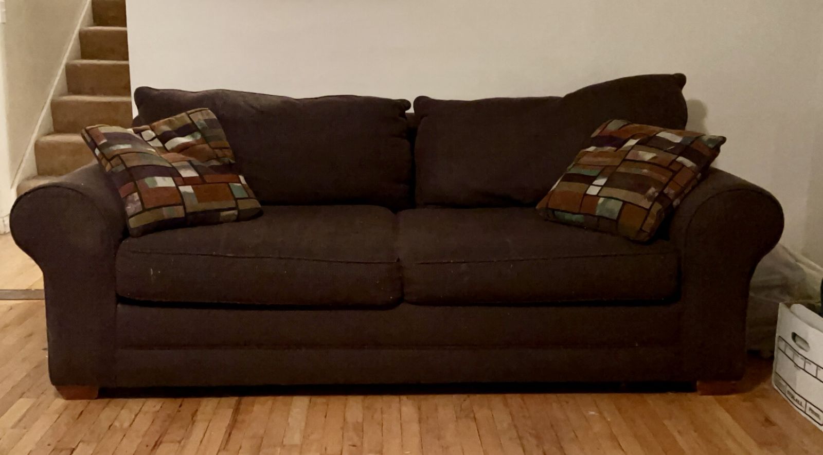 Brown Fabric Loveseat Sofa with Rolled Arms & Patterned Throw Pillows - Good Condition
