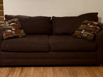 Brown Fabric Loveseat Sofa with Rolled Arms & Patterned Throw Pillows - Good Condition