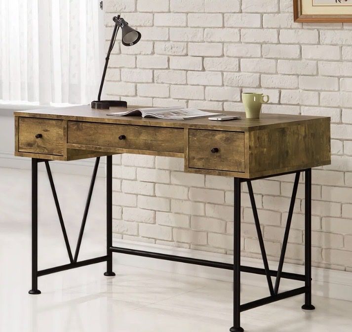 Industrial Style Writing Desk with 3 Drawers - Rustic Brown & Black Metal Legs