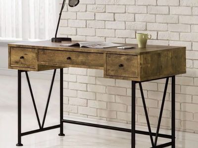 Industrial Style Writing Desk with 3 Drawers - Rustic Brown & Black Metal Legs