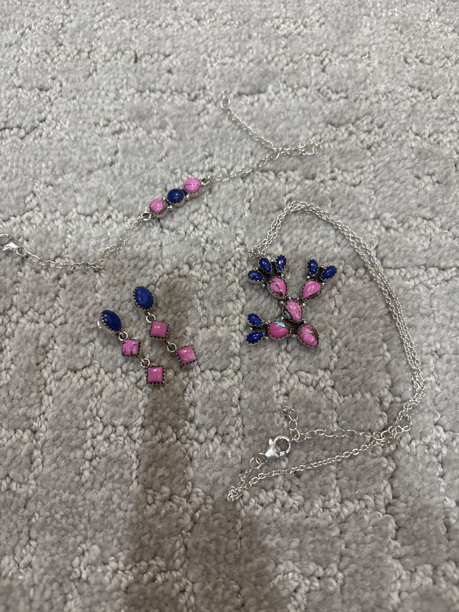 Cotton candy & lapis Sterling Silver Necklace, Bracelet & Earrings Set