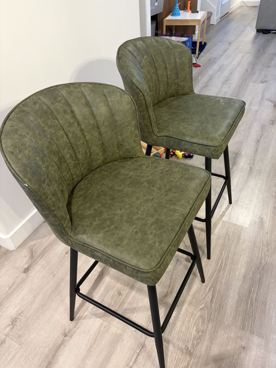 Green Distressed Faux Leather Bar Stools with Black Metal Legs - Set of 2
