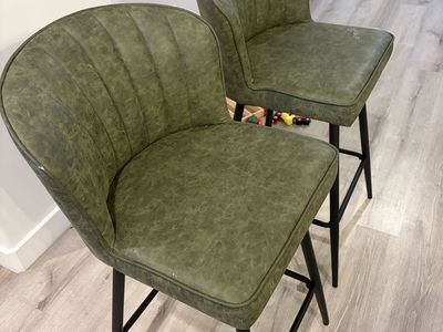 Green Distressed Faux Leather Bar Stools with Black Metal Legs - Set of 2