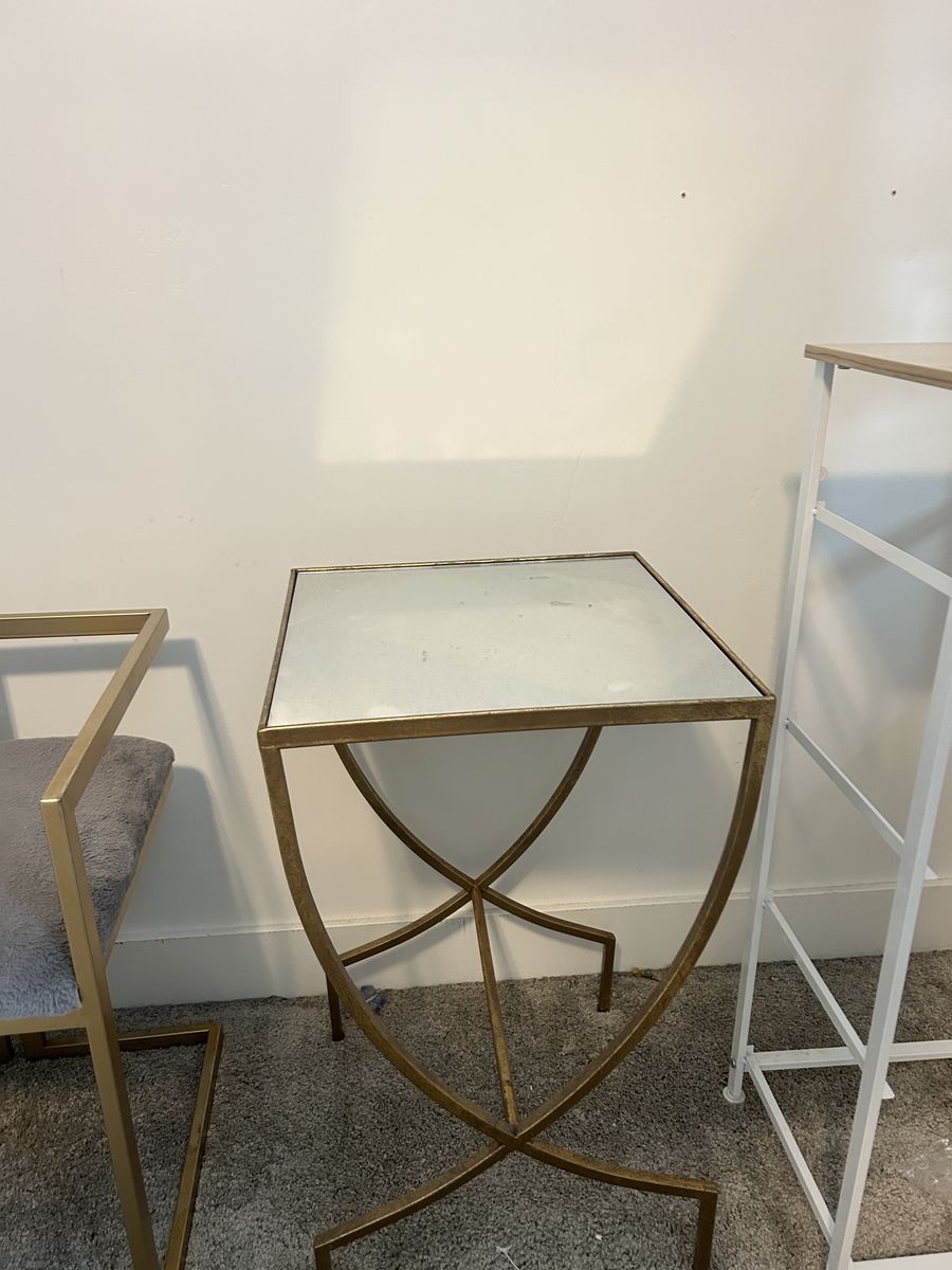 Gold Metal Accent Side Table with Mirror Top & Matching Faux Fur Vanity Chair Set
