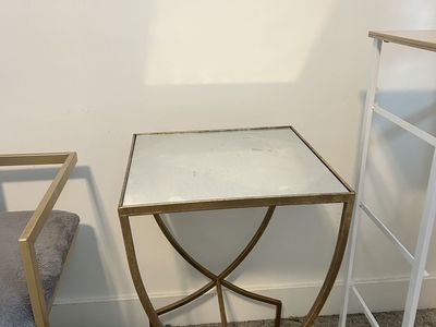 Gold Metal Accent Side Table with Mirror Top & Matching Faux Fur Vanity Chair Set
