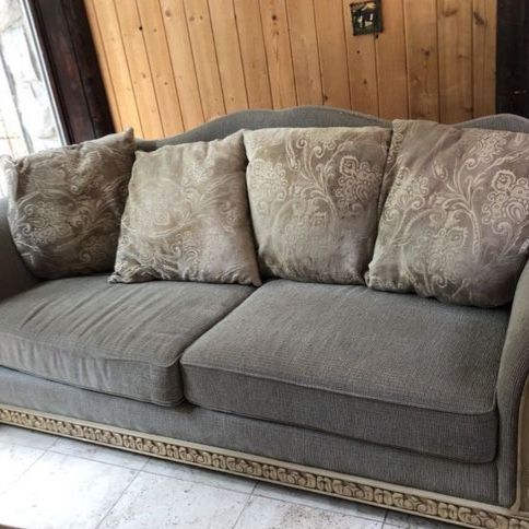 Ornate Carved Wood Sofa with 4 Cushions - Grey Fabric
