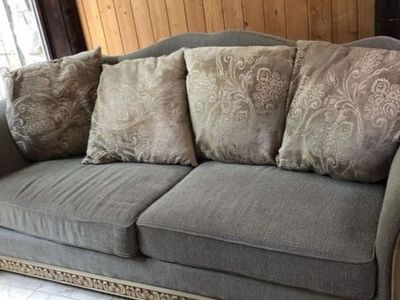 Ornate Carved Wood Sofa with 4 Cushions - Grey Fabric