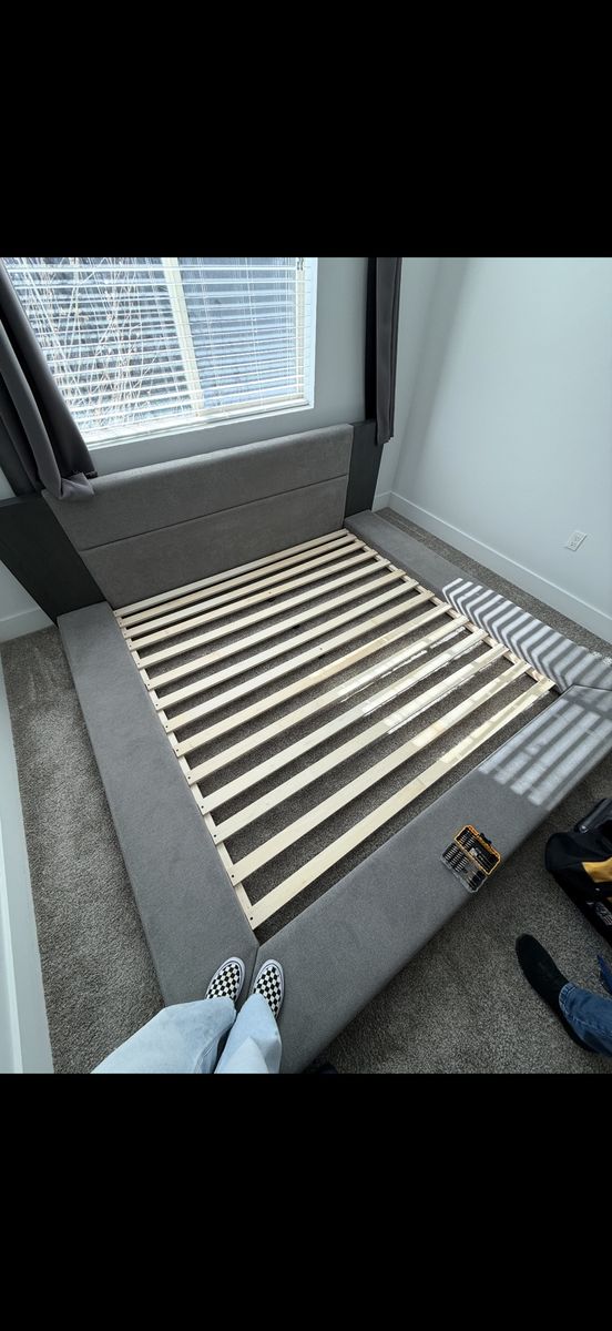 Modern Grey Upholstered Platform King Bed Frame with Slats and King Mattress